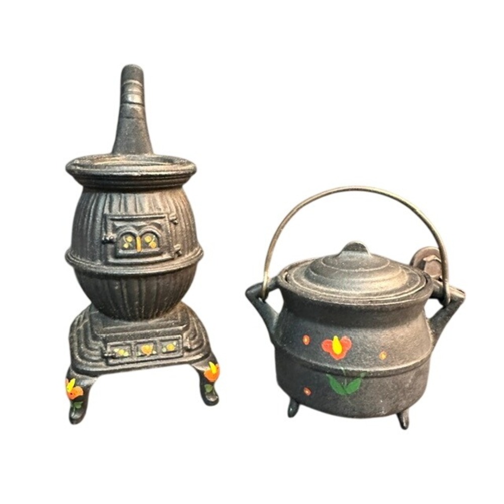 Vintage Miniature Cast Iron Potbelly Stove and Cauldron Set Hand Painted Floral